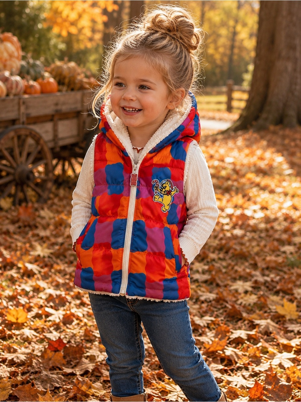 XXS - Haribo Gummy Bears sleeveless  Colorful Plaid Puffer Vest with Hood - Kids